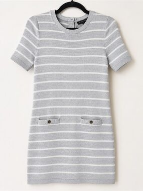 Banana Republic Gray White Striped Sweater Dress Short Sleeve Size Small